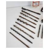 Jacques Seeds Tin Thermometer with Lot of Antique Tools - Drill Brace, Gimlets, Auger Bits, Adjustable Bit, and More