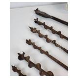 Jacques Seeds Tin Thermometer with Lot of Antique Tools - Drill Brace, Gimlets, Auger Bits, Adjustable Bit, and More