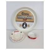 Lot of Vintage Coors Light Pieces - Plastic Tray and Pair of Ceramic Ash Trays