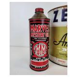 Lot of Gas & Oil Tins - Zerex, Zerone, Tephguard, Zecol, and Marvel Mystery Oil