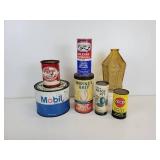 Lot of Gas & Oil Tins - Mobil, Super Service Lubricant, Tephguard, Tube Repair Kits, Zecol, and Glass Light Shade