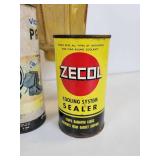 Lot of Gas & Oil Tins - Mobil, Super Service Lubricant, Tephguard, Tube Repair Kits, Zecol, and Glass Light Shade