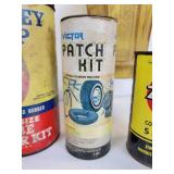 Lot of Gas & Oil Tins - Mobil, Super Service Lubricant, Tephguard, Tube Repair Kits, Zecol, and Glass Light Shade