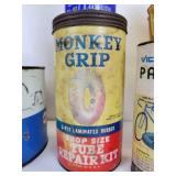 Lot of Gas & Oil Tins - Mobil, Super Service Lubricant, Tephguard, Tube Repair Kits, Zecol, and Glass Light Shade