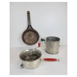 Lot of (3) Vintage Kitchen Items - Foley Food Mill, Hodges Flour Sifter, and 7" "Cold Handle" Frying Pan