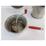Lot of (3) Vintage Kitchen Items - Foley Food Mill, Hodges Flour Sifter, and 7" "Cold Handle" Frying Pan