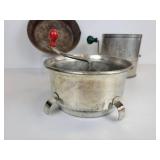 Lot of (3) Vintage Kitchen Items - Foley Food Mill, Hodges Flour Sifter, and 7" "Cold Handle" Frying Pan