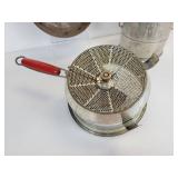 Lot of (3) Vintage Kitchen Items - Foley Food Mill, Hodges Flour Sifter, and 7" "Cold Handle" Frying Pan