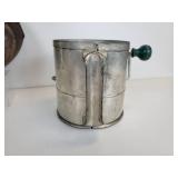 Lot of (3) Vintage Kitchen Items - Foley Food Mill, Hodges Flour Sifter, and 7" "Cold Handle" Frying Pan