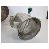 Lot of (3) Vintage Kitchen Items - Foley Food Mill, Hodges Flour Sifter, and 7" "Cold Handle" Frying Pan