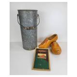 Tall Galvanized Bucket, Wooden Clogs, and "The Olson Line" 1930 Sales Magazine from Albert Lea, MN