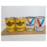 Lot of (4) Motor Oil Quart Cans - (2) Pennzoil and (2) Valvoline