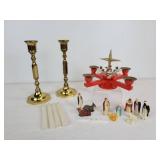 Lot of Vintage Christmas Décor - Miniature Nativity, Advent Candle Holder, and Brass Candlesticks