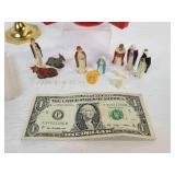 Lot of Vintage Christmas Décor - Miniature Nativity, Advent Candle Holder, and Brass Candlesticks