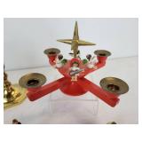 Lot of Vintage Christmas Décor - Miniature Nativity, Advent Candle Holder, and Brass Candlesticks