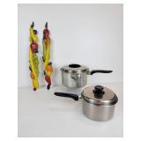 Pair of FLINT Stainless Steel Saucepans and Vintage Metal Wall Décor