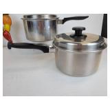 Pair of FLINT Stainless Steel Saucepans and Vintage Metal Wall Décor