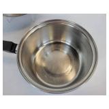 Pair of FLINT Stainless Steel Saucepans and Vintage Metal Wall Décor