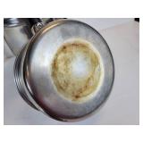 Pair of FLINT Stainless Steel Saucepans and Vintage Metal Wall Décor