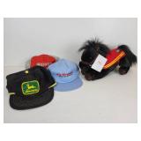 Lot of (3) Vintage Baseball Caps - John Deere, Cushman Motor Scooters, and Conklin - "Mike" Stuffed Wells-Fargo Promo Stuffed Animal