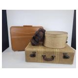 Pair of Vintage Suitcases with Fur Hat in Hat Box - NO SHIPPING
