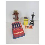 Lot of Vintage Items - Tin Litho Adding Machine, Small Oil Lantern, and Microscope with (5) Sets of Prepared Slides
