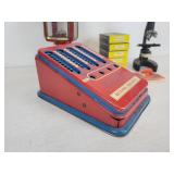 Lot of Vintage Items - Tin Litho Adding Machine, Small Oil Lantern, and Microscope with (5) Sets of Prepared Slides