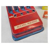 Lot of Vintage Items - Tin Litho Adding Machine, Small Oil Lantern, and Microscope with (5) Sets of Prepared Slides