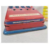 Lot of Vintage Items - Tin Litho Adding Machine, Small Oil Lantern, and Microscope with (5) Sets of Prepared Slides