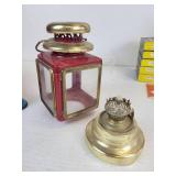 Lot of Vintage Items - Tin Litho Adding Machine, Small Oil Lantern, and Microscope with (5) Sets of Prepared Slides