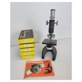 Lot of Vintage Items - Tin Litho Adding Machine, Small Oil Lantern, and Microscope with (5) Sets of Prepared Slides