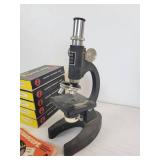 Lot of Vintage Items - Tin Litho Adding Machine, Small Oil Lantern, and Microscope with (5) Sets of Prepared Slides