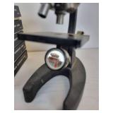 Lot of Vintage Items - Tin Litho Adding Machine, Small Oil Lantern, and Microscope with (5) Sets of Prepared Slides