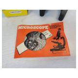 Lot of Vintage Items - Tin Litho Adding Machine, Small Oil Lantern, and Microscope with (5) Sets of Prepared Slides