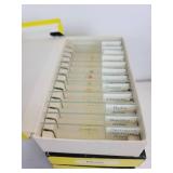 Lot of Vintage Items - Tin Litho Adding Machine, Small Oil Lantern, and Microscope with (5) Sets of Prepared Slides