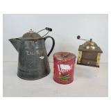 Enamelware Coffee Pot, Tobacco Tin, and Coffee Grinder