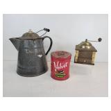 Enamelware Coffee Pot, Tobacco Tin, and Coffee Grinder