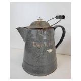 Enamelware Coffee Pot, Tobacco Tin, and Coffee Grinder