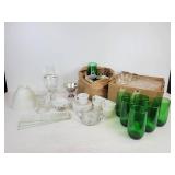 Lot of Glassware - Green Glasses (Large and Small), Daisy Snack Set, Glass Lampshade, and More! NO SHIPPING