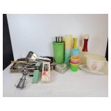 Lot of Vintage Kitchen Tools, Cups, and Containers - Includes Tupperware and Melmac!