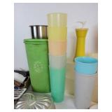 Lot of Vintage Kitchen Tools, Cups, and Containers - Includes Tupperware and Melmac!