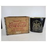 Vintage Coca-Cola Family Size Bottle Crate and Patriotic-Themed Embossed Tin Garbage Can