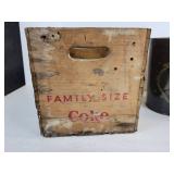 Vintage Coca-Cola Family Size Bottle Crate and Patriotic-Themed Embossed Tin Garbage Can