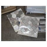 Assortment of (2) Fired Earth Glass Works Glass Shelves and (38) Allen + Roth, Ceremonial Festive Whites Mosaic, Premium Mosaics and Other Tiles