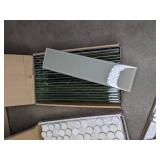 Assortment of (2) Fired Earth Glass Works Glass Shelves and (38) Allen + Roth, Ceremonial Festive Whites Mosaic, Premium Mosaics and Other Tiles