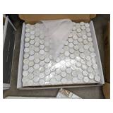 Assortment of (2) Fired Earth Glass Works Glass Shelves and (38) Allen + Roth, Ceremonial Festive Whites Mosaic, Premium Mosaics and Other Tiles