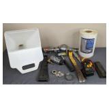 Assortment of Styro Heavy Duty 9.5 in. x 150 ft. Sticky Mesh, Greenlee CM-600 Clamp Meter, Kraft EZY Deck Pro Gun, Air Powered Cut-Off Tool, Crow Bar, Etc.