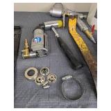 Assortment of Styro Heavy Duty 9.5 in. x 150 ft. Sticky Mesh, Greenlee CM-600 Clamp Meter, Kraft EZY Deck Pro Gun, Air Powered Cut-Off Tool, Crow Bar, Etc.