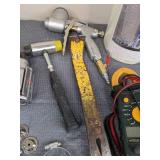 Assortment of Styro Heavy Duty 9.5 in. x 150 ft. Sticky Mesh, Greenlee CM-600 Clamp Meter, Kraft EZY Deck Pro Gun, Air Powered Cut-Off Tool, Crow Bar, Etc.