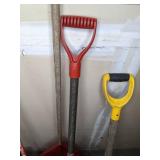 A Variety of Cleaning Tools Including Rakes, Garden Hose, Snow Shovel and More